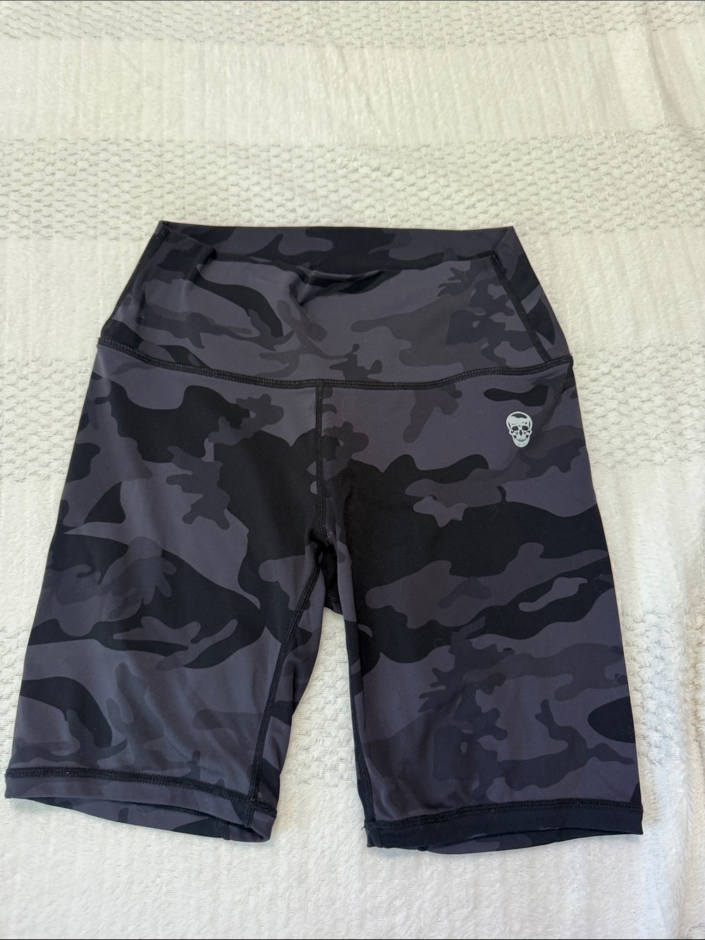 High-Rise Black Camo Bike Shorts with Subtle Skull Accent